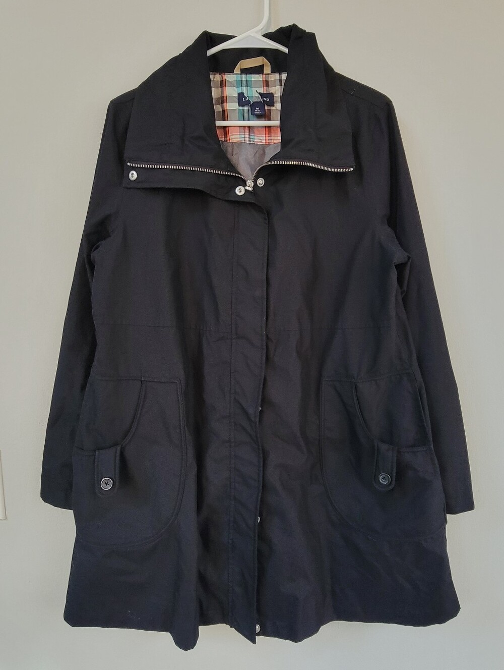 Land's End Black Mid-length Trench Coat Womens Size M Preppy Office Layers